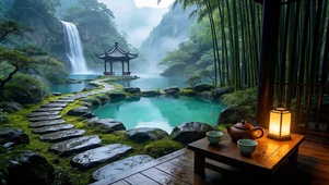 山谷瀑布竹林小路