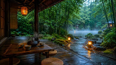 幽静竹林木屋