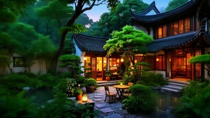 唯美傍晚庭院4K