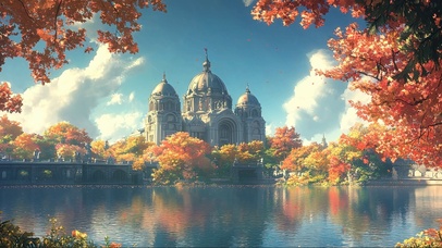 秋日阳光河岸欧式古堡