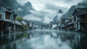 阴天静谧古镇云雾山脉
