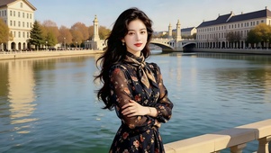 在异国的穿绣花黑纱裙的美女