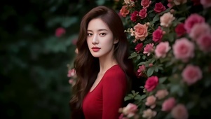 鲜花丛中红衣长发美女2