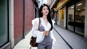 美食街里喝着咖啡的长发美女