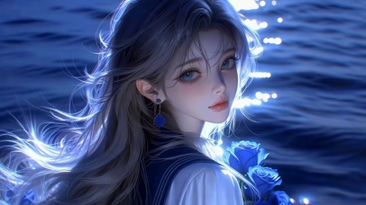 月光海面的蓝玫瑰少女