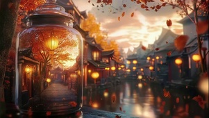 秋日唯美落叶水乡街景