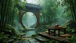 国风竹林园林雨景