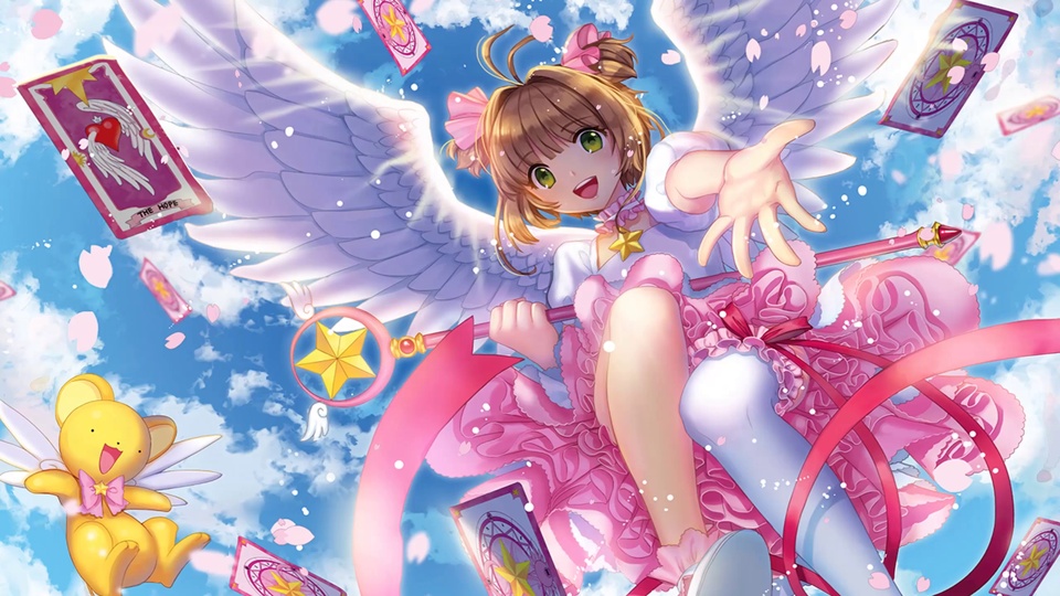日系二次元插画，佩戴粉色蝴蝶结和羽翼的棕发绿眼少女，与黄色带翼圆形萌系生物共处飘满樱花的蓝天之下。