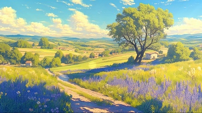 蓝天平原薰衣草小径