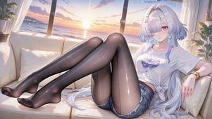 海边日落黑丝沙发少女