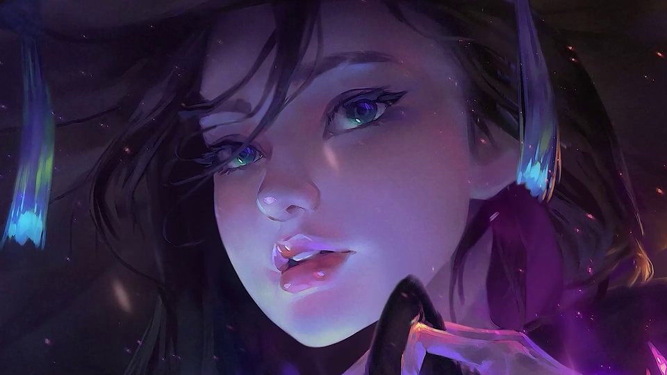 暗紫霓虹光笼罩的二次元少女近景插画，发丝带蓝紫虹彩高光