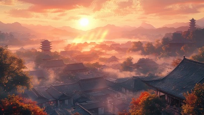 远眺黄昏落日朦胧古镇