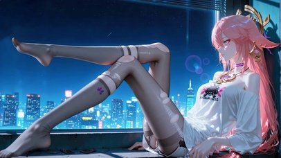 夜色窗边粉发美少女