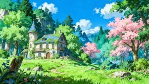 蓝天白云樱花树木