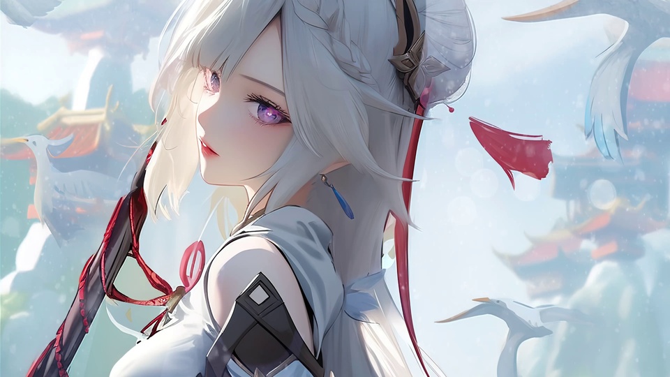 二次元插画风格的原神角色申鹤半身像，银白长发配紫瞳，服饰带有正红色装饰，背景为朦胧雪地搭配飞鹤与中式古风建筑。