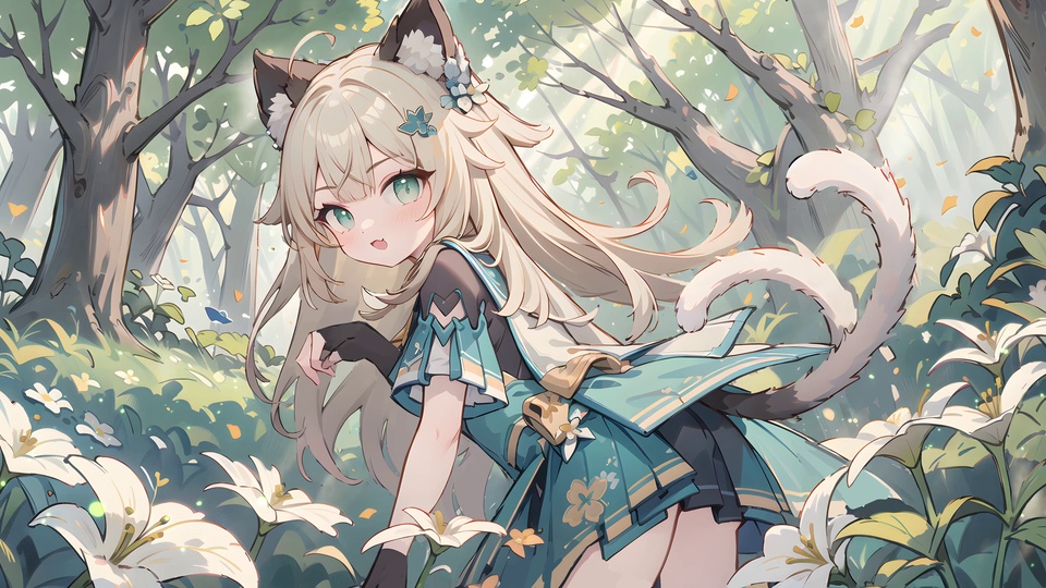 浅金长发猫耳少女立于林间花丛中，回望镜头，周围环绕树木与白色花草。