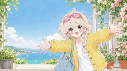 海边窗边拥抱阳光的可爱少女