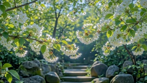 清新春日白樱林间步道