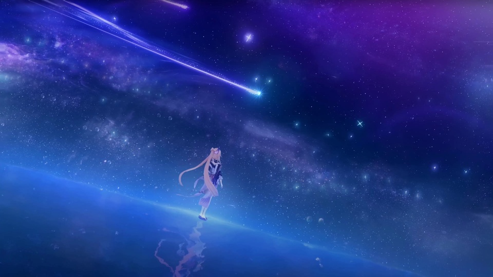 粉发的Kokomi立于泛着星点倒影的蓝色水面上，背景是布满繁星的紫蓝色银河，两道亮蓝色流星拖过天际，整体为蓝紫调二次元梦幻风格。