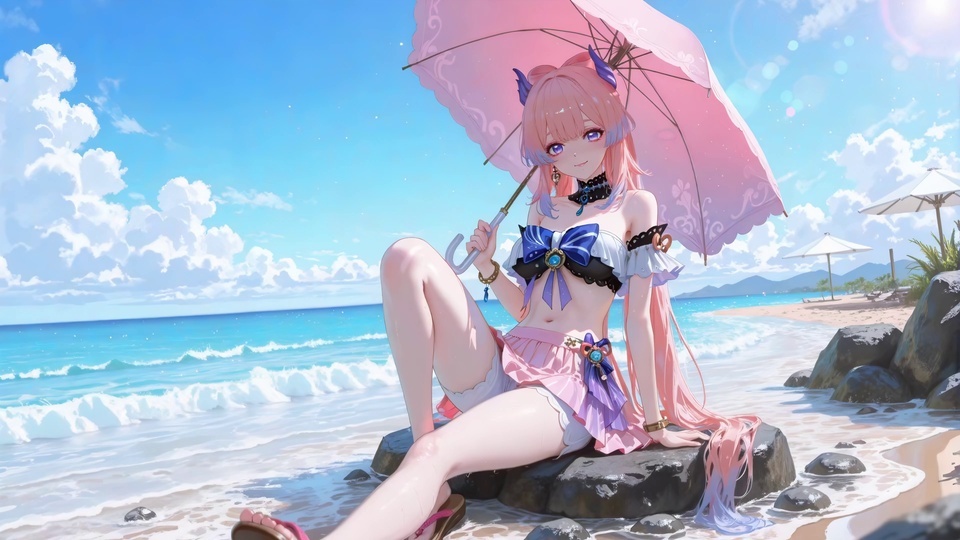 二次元插画，珊瑚宫心海身着泳装坐在海边湿礁石上，手持粉色遮阳伞，背景是蓝天碧海的夏日沙滩