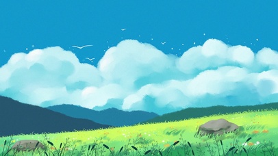 春分春天蓝天白云场景治愈插画