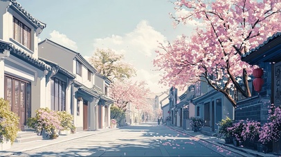 春天清新落花古城