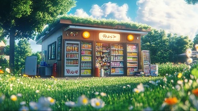 清新草地花海便利店