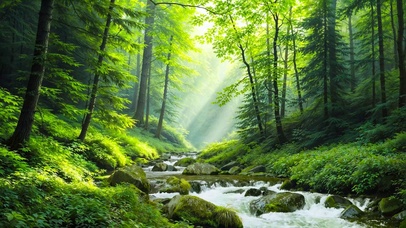 幽静夏日绿林溪流