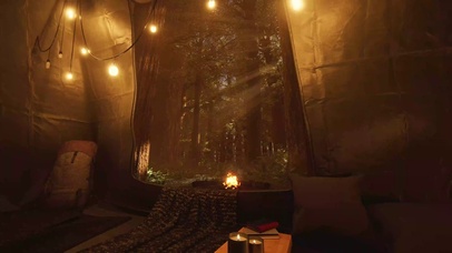 森林雨点落在帐篷声