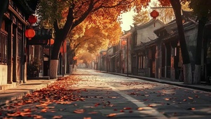 秋日落叶古城静谧街道
