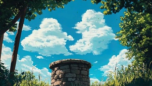 蓝天白云郊外古井风景