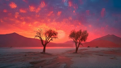 粉色朝霞沙漠孤树