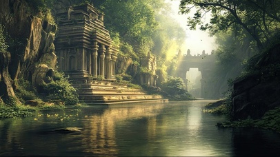 绿色遗址山林溪流