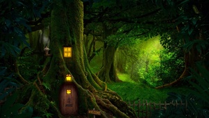夜晚森林树屋