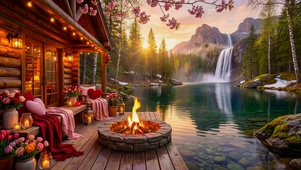 春天清晨高山湖边小屋