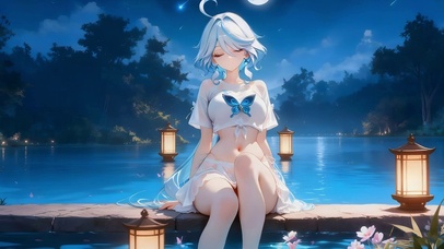 夜晚湖边清纯女孩