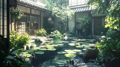 夏日清新绿色庭院池塘