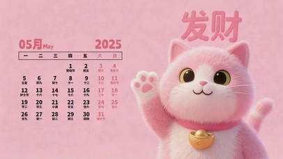 5月日历壁纸-发财猫咪