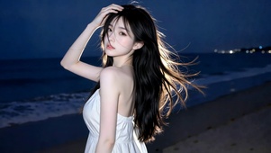 夜晚海边氛围感纯美女神