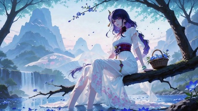 林间溪畔蓝发美少女