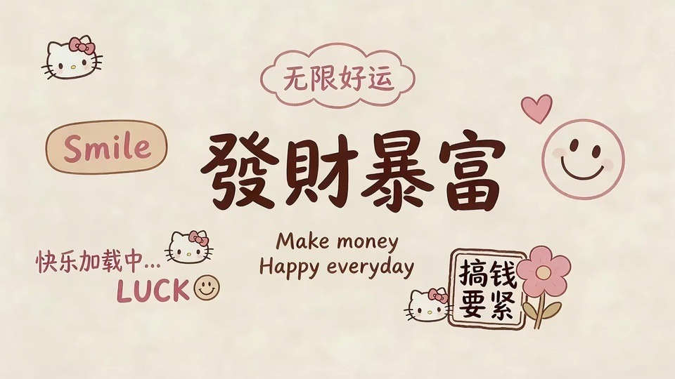 浅米色纹理背景上居中排布深棕色繁体“發財暴富”大字，字体圆润可爱，风格简约喜庆。