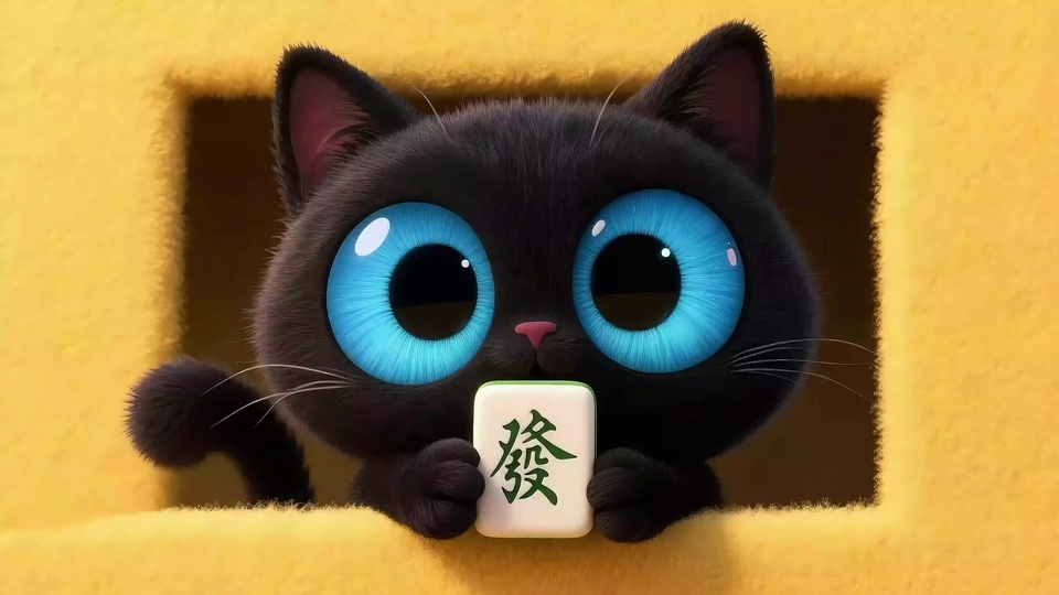 3D渲染的Q版纯黑小猫睁着大大的亮蓝色眼睛，从暖黄色带毛绒包边的圆窗内探出身子，前爪捧着印有绿色“發”字的麻将牌。