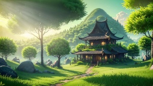 治愈唯美绿色护眼草地中国风木屋