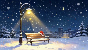 冬夜落雪路灯长椅唯美雪景