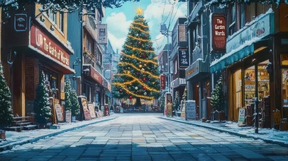 城市冬日圣诞树街道