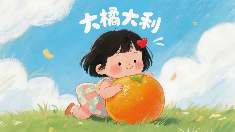 抱橘子的Q版小女孩在青草地，蓝天白云上方有大橘大利字样
