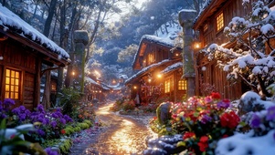 暖灯雪后林间古村夜景