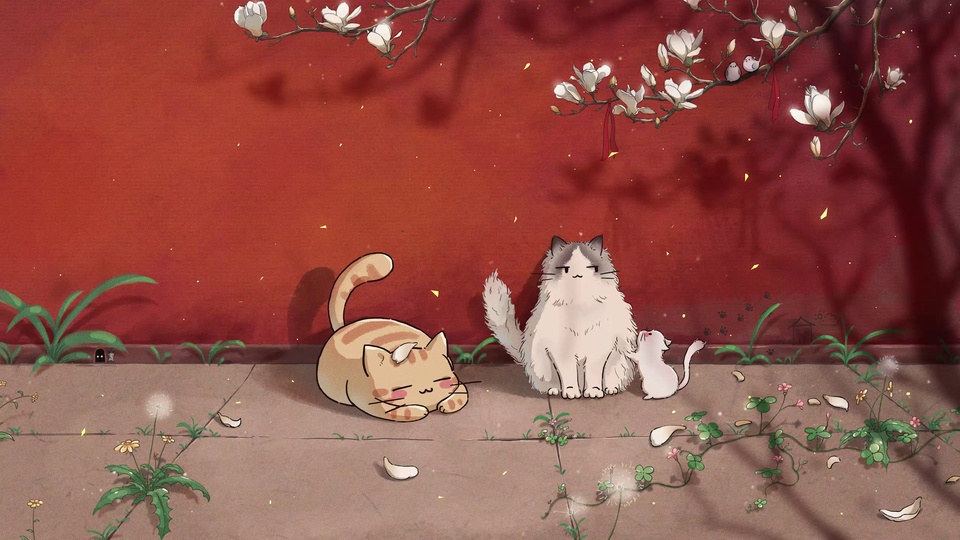 红墙下三只萌态猫咪，旁侧是石板地面与玉兰花枝