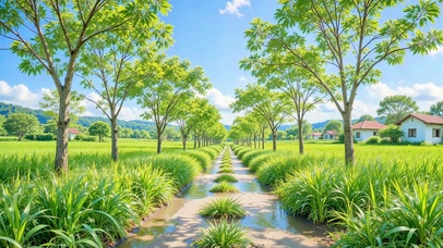 护眼蓝天草地村庄小路