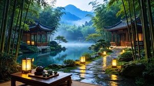国风山水湖边木屋